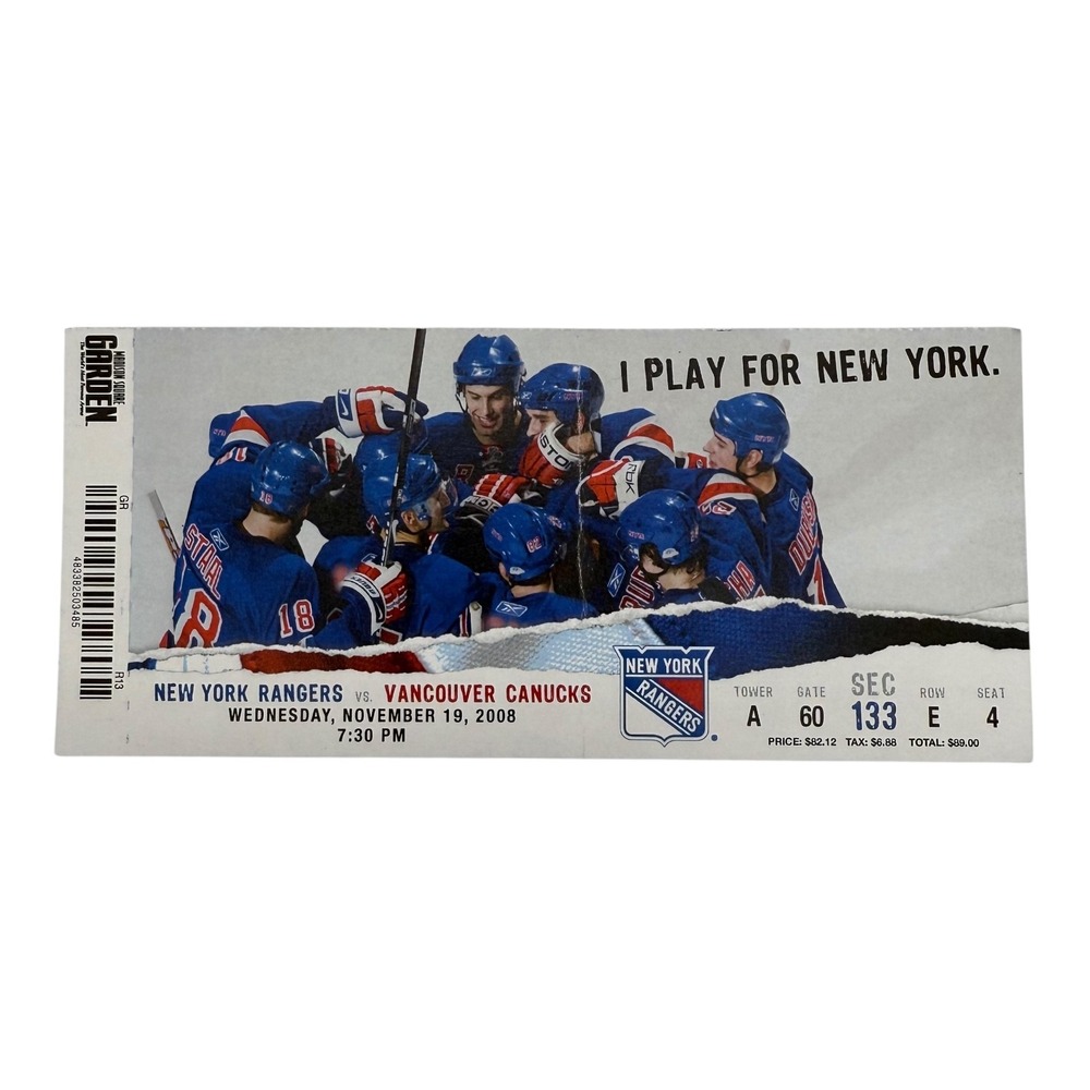 NHL New York Rangers vs Canucks 2 Ticket Stubs Nov 19 2008 MSG Used